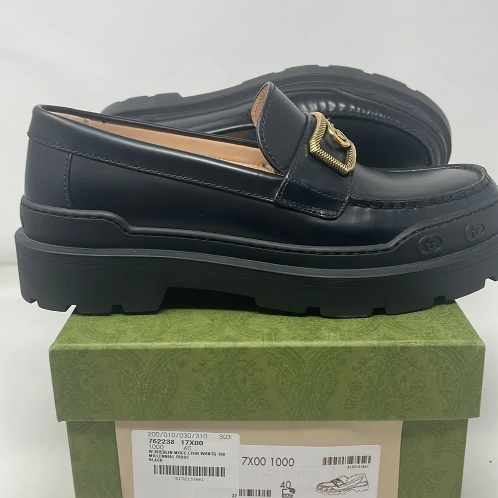 Gucci Sherlin Moccasin Millennial Ribot Black Gold Logo Leather Loafers Size 40